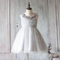 wedding photo - 2015 Grey Junior Bridesmaid Dress, Light Gray Mesh Flower Girl Dress, a line Puffy dress knee length (JK001)