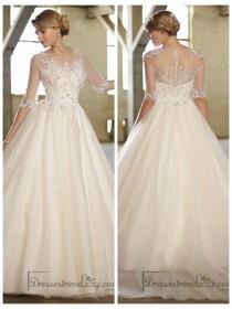 wedding photo -  Illusion Boat Neckline Three-Quarter Sleeves Embellished Wedding Dresses