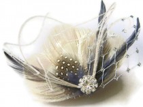 wedding photo - Peacock Hair Clip ENGLISH FOG Ivory and Smoky Blue Feather and Rhinestone Wedding Hair Fascinator Clip Bridal Party with Silver Netting