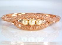 wedding photo - Bronze with 18K Rose Gold plating wedding bracelet with CZ, Swarovski element crystals and pearls, wedding bracelet