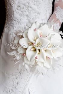 wedding photo - Silk Flowers White Wedding Bouquet. "Heart of Angel" Fabric Wedding Bouquet. Calla Lilies Bridal Brooch Bouquet - Ruby Blooms Weddings