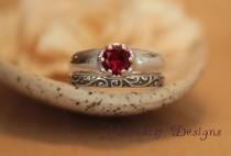 wedding photo - Bold Ruby Sterling Silver Solitaire with Swirl Pattern Band - Artisan-Style Six-Prong Mounting with Silver Swirl Band - July Birthstone Ring
