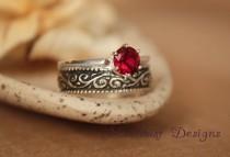 wedding photo - Ruby Solitaire with Wide Sterling Silver Pattern Band - Vintage-Style Classic Solitaire with Wide Silver Swirl Band - July Birthstone Ring