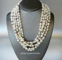 wedding photo - Multi Strand Pearl Necklace, Black and White Wedding Jewelry, Cultured Pearl Necklace, Baroque Pearl Necklace