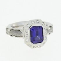 wedding photo - Blue Sapphire Ring with Moissanites, Palladuim Meteorite Ring, Widmanstatten Pattern