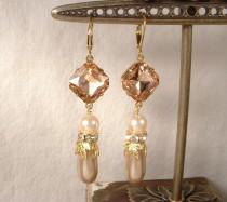wedding photo - Vintage Blush Pink Rhinestone & Champagne and Ivory Pearl Gold Bridal Dangle Earrings Long Drop Art Deco 1920s Earrings Bridesmaids Gift