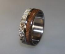 wedding photo - Titanium Ring, Deer Antler Ring, Antler Ring, Mens Titanium Wedding Band, Oak Wood And Antler Inlays, Wood Ring