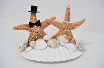 wedding photo - Bride and Groom Cake Topper Real Orange "Sugar Starfish" on a Giant Real Scallop - Vail, Pearl Necklace, Top Hat & Bow Tie Outfit