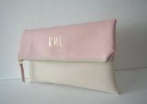 wedding photo - Pale pink and cream foldover clutch, Monogram clutch purse, Bridesmaids gift, Personalized clutch bag