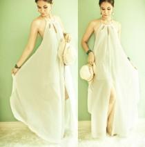 wedding photo - Halter Maxi Cotton Dress in Off White, Boho Rustic Cotton Dress