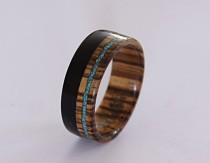 wedding photo - Wooden ring for men made from zebrano wood, inlaid with ebony wood and turquoise