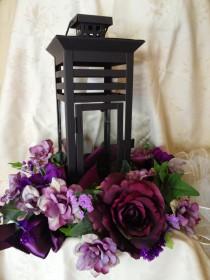 wedding photo - Centerpiece For Wedding Reception With Candle Lantern, Ivy And Floral Ring, Custom Made For You ! Purples Or Any Color You Like