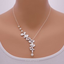 wedding photo - Pearls and Orchid Necklace, Sterling Silver Chain / N134S