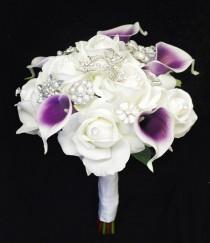 wedding photo - Purple Heart Callas Brooch Wedding Bouquet - Natural Touch Roses and and Callas Brooch Jewel Bouquet - Rhinestones