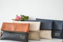 wedding photo - 4 foldover monogrammed bridesmaids gifts, Set of 4 clutches for wedding, Imprinted gold initials clutch