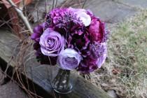 wedding photo - Rustic Plum Purple, Lavender and Cranberry Bouquet - Peonies, Roses, Hydrangea, Ranunculus' and Berries wrapped in Twine