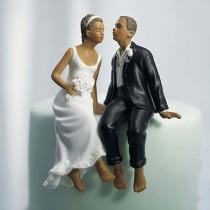 wedding photo - AA Whimsical Sitting Bride and Groom Ethnic Wedding Cake Topper- African American Romantic Porcelain Hand Painted Couples Figurines