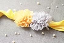 wedding photo - Bridal Flower Sash Belt - Wedding Dress Sashes Belts - Pineapple Yellow Light Grey Gray Chiffon Flowers Double Sides Ribbon Belt
