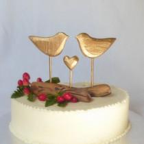 wedding photo - Gold Wedding Cake Topper,  Shabby Chic Cake Topper with Gold Love Birds and Driftwood, Rustic Beach Wedding or Anniversary Decor
