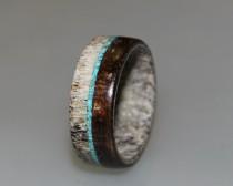 wedding photo - Deer Antler Ring, Antler Men's Ring, Wrapped Wood Ring, Turquoise Ring