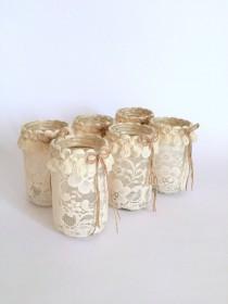 wedding photo - Set of 6 Mason Jar with Candle, Shabby chic Mason Jar, Wedding light, Wedding Centerpiece, Mason Jar Centerpiece, Mason jar with Lace