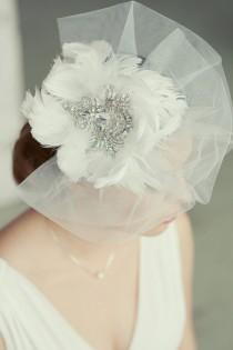 wedding photo - Royal crystal and feather fascinator.  Vintage style bridal veil. Huge exquisite wedding fascinator. White feather and crystal fascinator