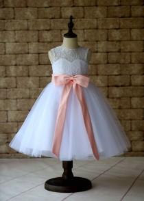 wedding photo - Lace Tulle Flower Girl Dress With Ballet Pink Sash and Bow