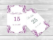 wedding photo -  Wedding Table Numbers Template - 4x6 Elegant Orchid Purple Damask Printable Table Card Template - Adobe Reader PDF Format - DIY You Print