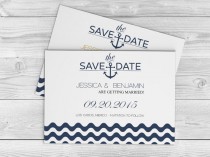 wedding photo -  Nautical Wedding Save the Date Template - Navy Anchor Wave Chevron Printable Save-the-Dates - 5"x7" Editable PDF Templates- DIY You Print