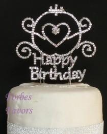 wedding photo - Real Rhinestone Happy Birthday with Carriage Set of 2 Silver Birthday Love Cake Topper By Forbes Favors