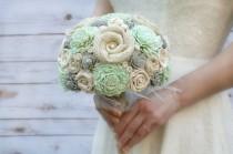 wedding photo - Hand Dyed Pastel Mint & Soft Grey Bride's Wedding Bouquet - Ivory Sola Wood Flowers, Handmade Fabric Rosettes, Burlap, Soft Gray, Mint Green