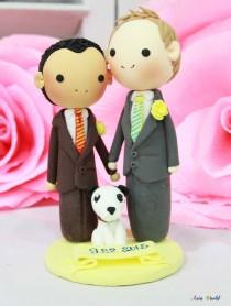 wedding photo - Gay Wedding Cake topper clay doll , Same sex Clay Couple with puppy, wedding clay figurine decoration, rings holder clay miniature