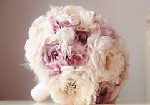 wedding photo - SALE - Ready to Ship, Fabric Brooch Bouquet, Vintage Wedding, Fabric Flower Bouquet, Mauve, Dusty Mauve, Ivory, Off White