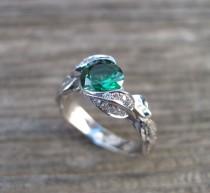 wedding photo - Leaf Ring, Emerald Leaf Engagement Ring, Emerald Engagement Ring, Diamond Leaf Ring, Leaf Ring With Emerald, Wedding Floral Green Leaf Ring