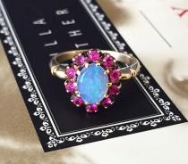 wedding photo - Antique Australian Opal Ruby Cluster Halo Ring Rothman Schneider 1940s Yellow Gold Alternative Engagement Ring Promise Ring Georgian Style