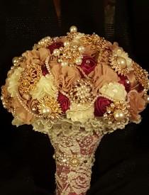 wedding photo - Cream, Tan and Burgundy Brooch Wedding Bridal Bouquet
