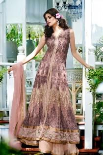 wedding photo -  Mauve copper floor length sleeveless net & satin silk ravishing gown