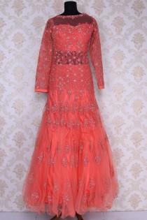 wedding photo -  Peach net angelic floor length gown with closed round neck
