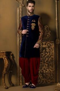 wedding photo -  Navy blue multicoloured velvet & brocade excellent sherwani