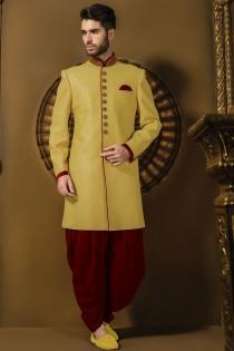 wedding photo -  Lemon yellow jute silk jodhpuri alluring sherwani with bright red dhoti pants