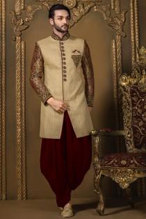 wedding photo -  Creamish gold & maroon jute silk & brocade badh gala sherwani
