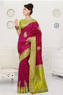 wedding photo -  Magenta pure silk zari weaved ravishing saree with light yellowish green & gold border