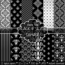 wedding photo - Damask digital paper: "BLACK & SILVER DAMASK" with silver and black damask backgrounds and classical damask patterns