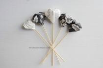 wedding photo - 6 origami wedding cake toppers . anniversary picks . party table decorations . {heart like a balloon} -black roses & book pages