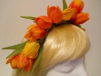 wedding photo - CUSTOM for Andrea <<<< 2 Flower Crown, Head Wreath, Tulip, Orange, Yellow, Headband Tulips, Spring Weddings, Flower Girl, Headdress, Tiara