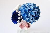 wedding photo - Toss or Flower Girl Bouquet with Hydrangeas, Roses & Brunia Berries made from Books - IN YOUR COLORS - Paper Wedding Flowers