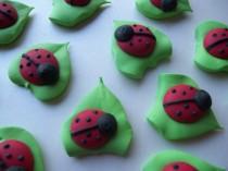 wedding photo - Ladybugs on leaves   -- Handmade cupcake toppers cake decorations edible (12 pieces)