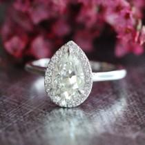 wedding photo - Pear Moissanite Diamond Engagement Ring in 14k White Gold Halo Diamond Wedding Band 9x6mm Forever Brilliant Moissanite Solitaire Ring