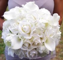 wedding photo - Bouquet of Silk Peonies, Callas and Roses Off White Natural Touch Flower Wedding Bride Bouquet - Almost Fresh