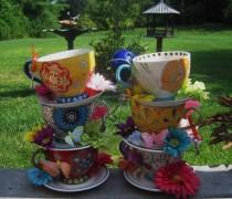 wedding photo - Pair of TWO Handpainted Stacked Teacup Centerpieces - Alice in Wonderland or Mad Hatter Tea Party, Shower, Birthday, Unbirthday, Sweet 16